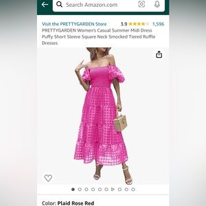 Hot pink Midi Dress Puffy Short Sleeve Square Neck Smocked Tiered Ruffle